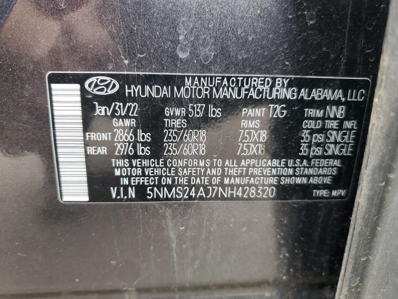 2022 HYUNDAI SANTA FE SEL VIN:5NMS24AJ7NH428320
