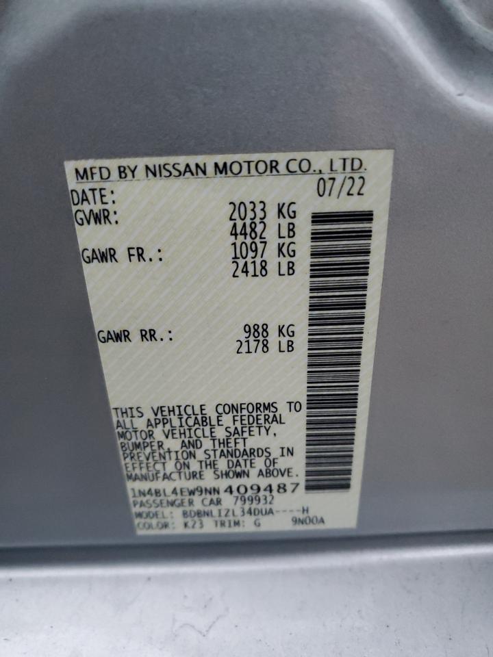 2022 NISSAN ALTIMA SL VIN:1N4BL4EW9NN409487