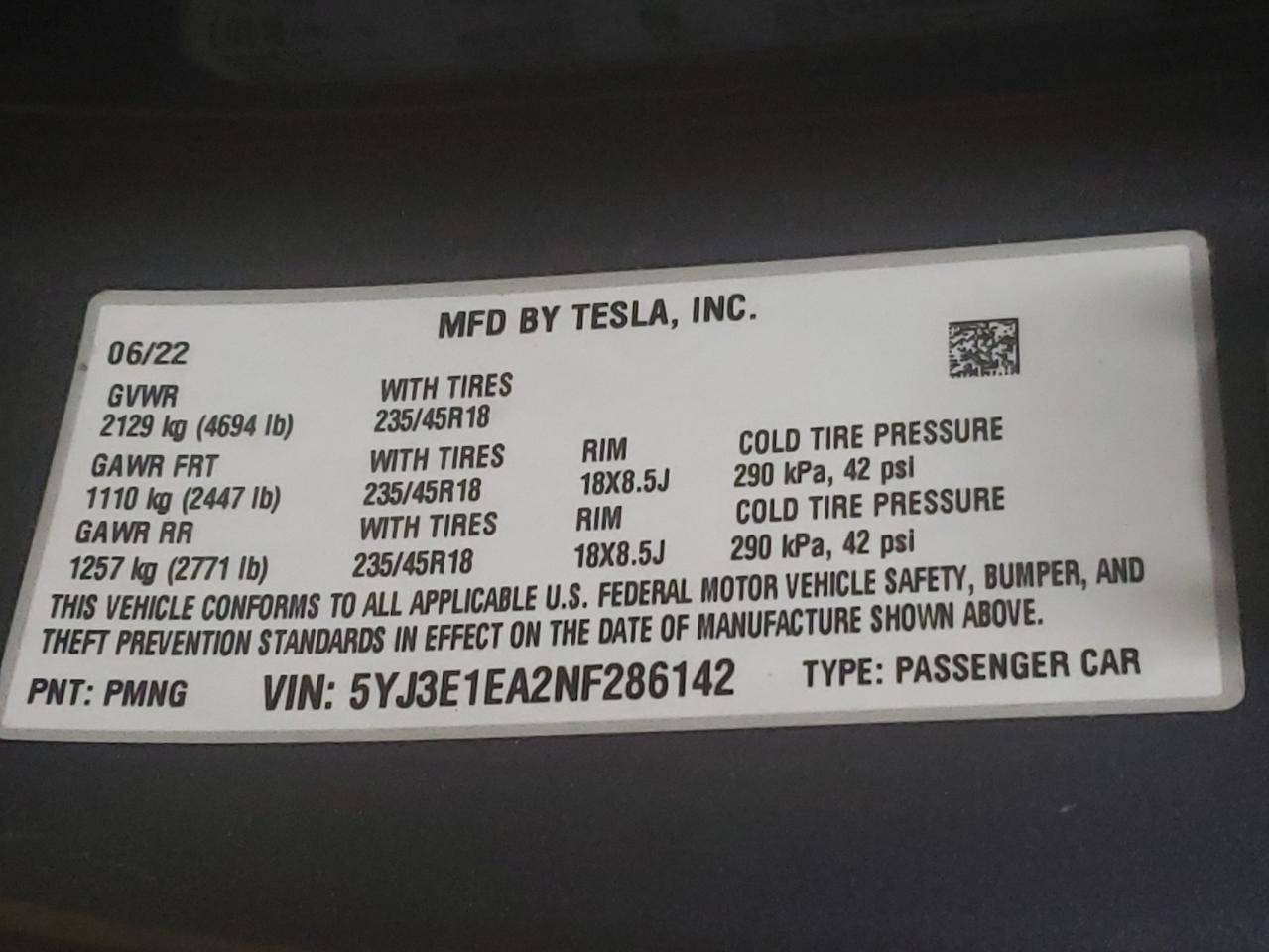 2022 TESLA MODEL 3 VIN:5YJ3E1EA2NF286142