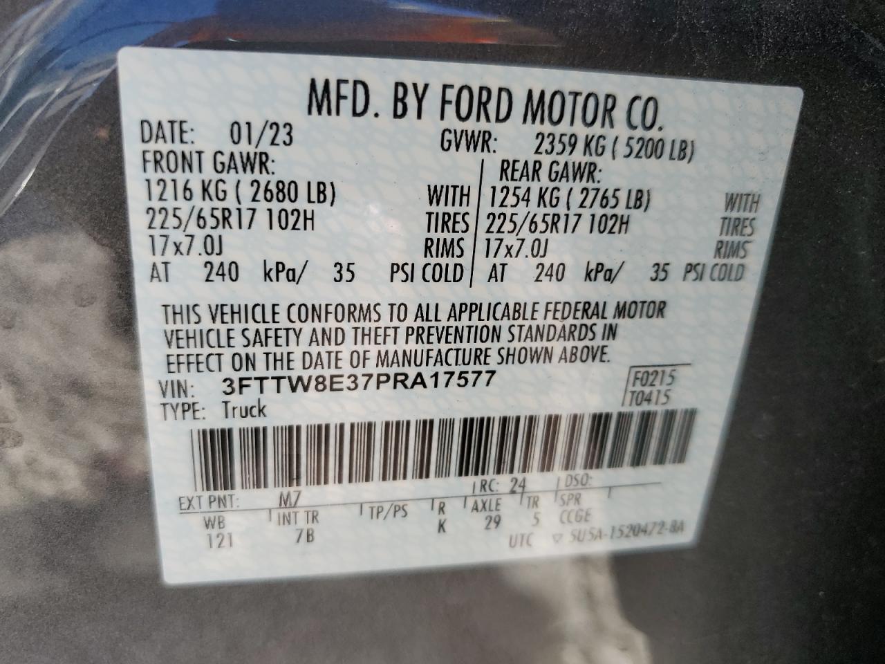 2023 FORD MAVERICK XL VIN:3FTTW8E37PRA17577