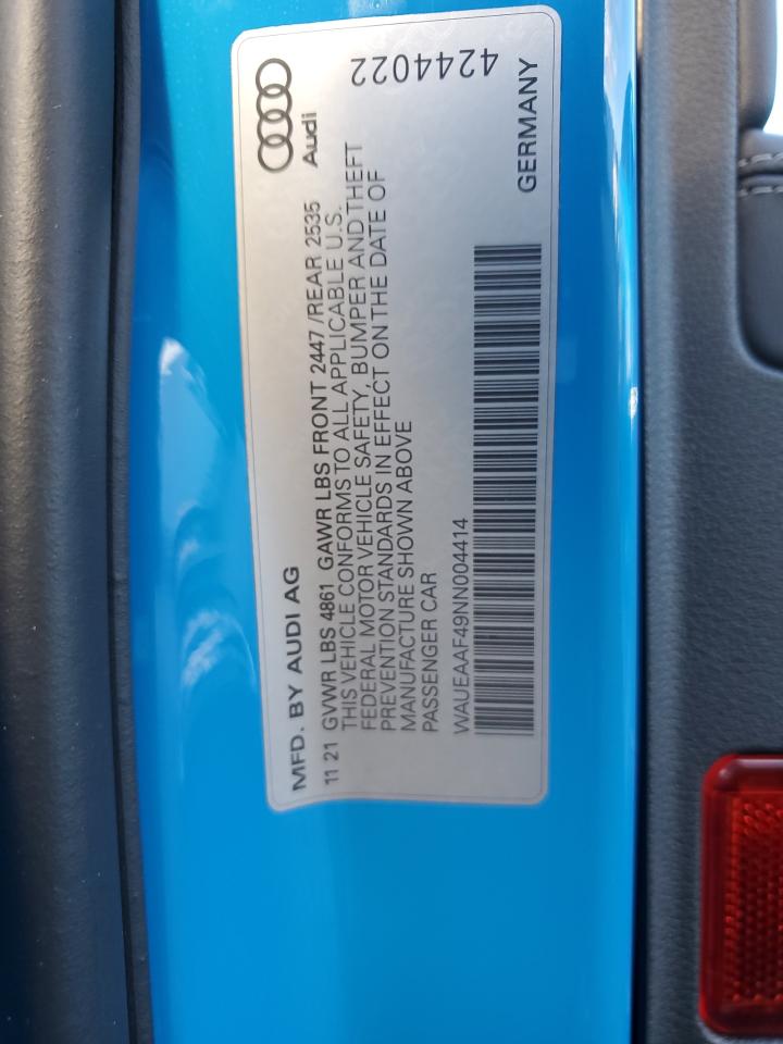 2022 AUDI A4 PREMIUM PLUS 45 VIN:WAUEAAF49NN004414