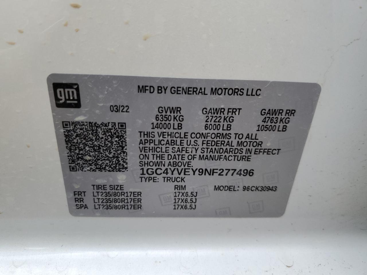 2022 CHEVROLET SILVERADO K3500 HIGH COUNTRY VIN:1GC4YVEY9NF277496