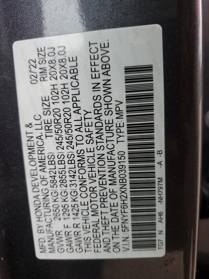 2022 HONDA PILOT SE VIN:5FNYF6H2XNB039150