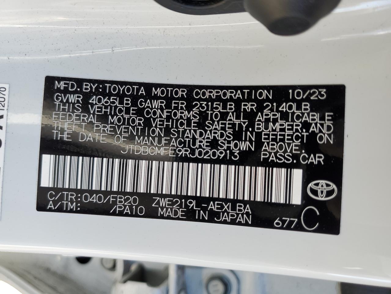 2024 TOYOTA COROLLA LE VIN:JTDBCMFE9RJ020913