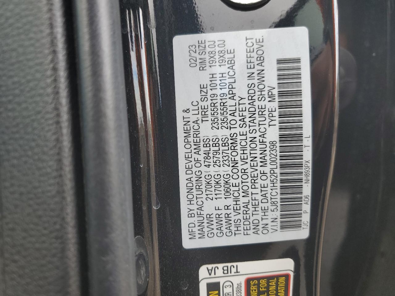 2023 ACURA RDX TECHNOLOGY VIN:5J8TC1H52PL002398