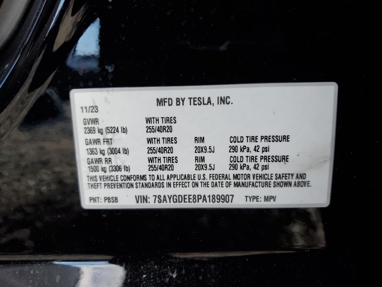 2023 TESLA MODEL Y VIN:7SAYGDEE8PA189907