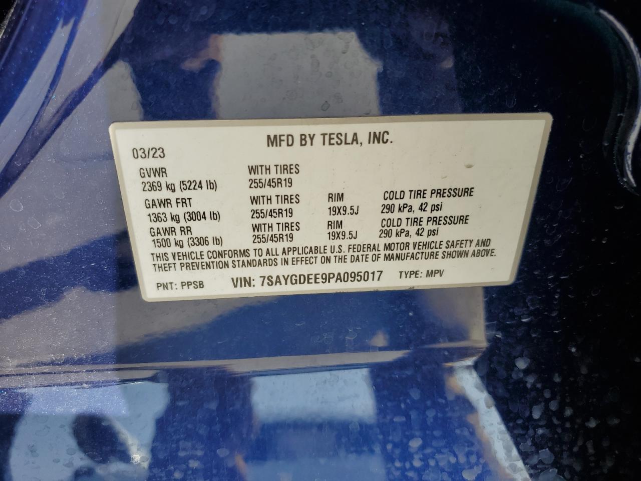 2023 TESLA MODEL Y VIN:7SAYGDEE9PA095017