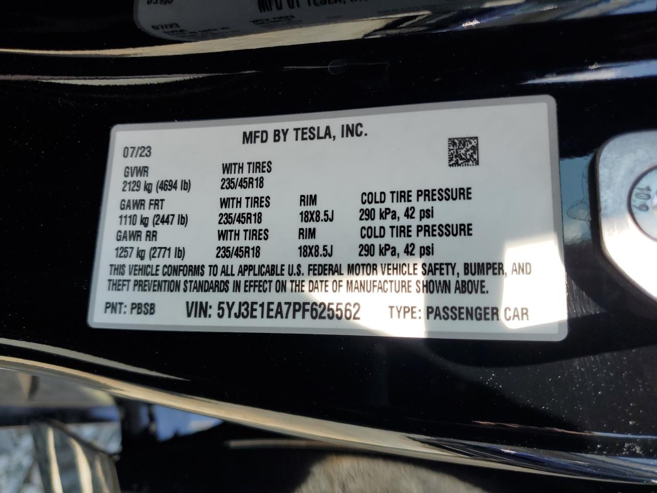 2023 TESLA MODEL 3 VIN:WP0AA2A8XNS255297