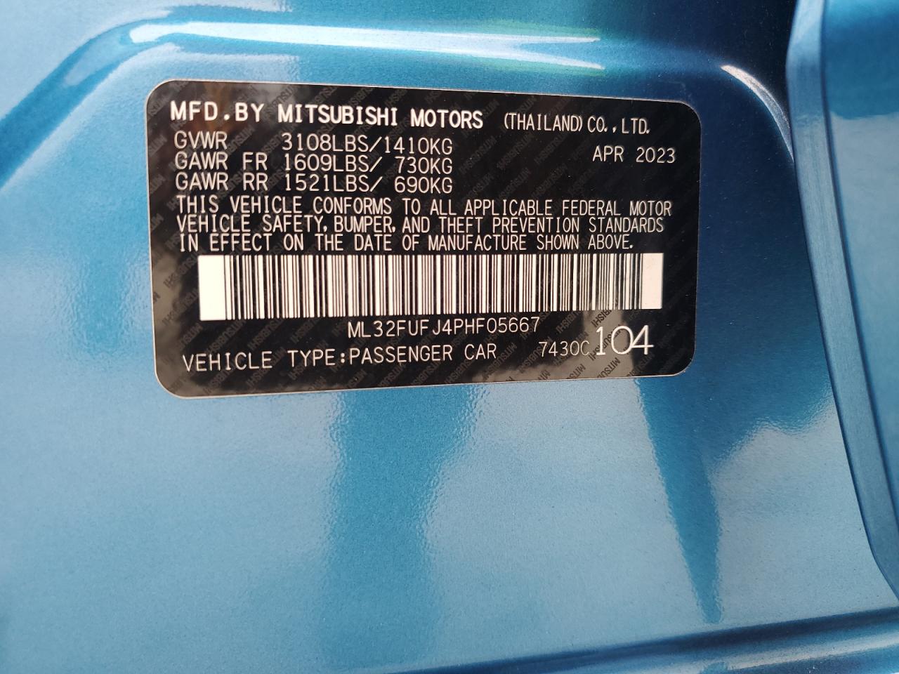 2023 MITSUBISHI MIRAGE G4 ES VIN:ML32FUFJ4PHF05667