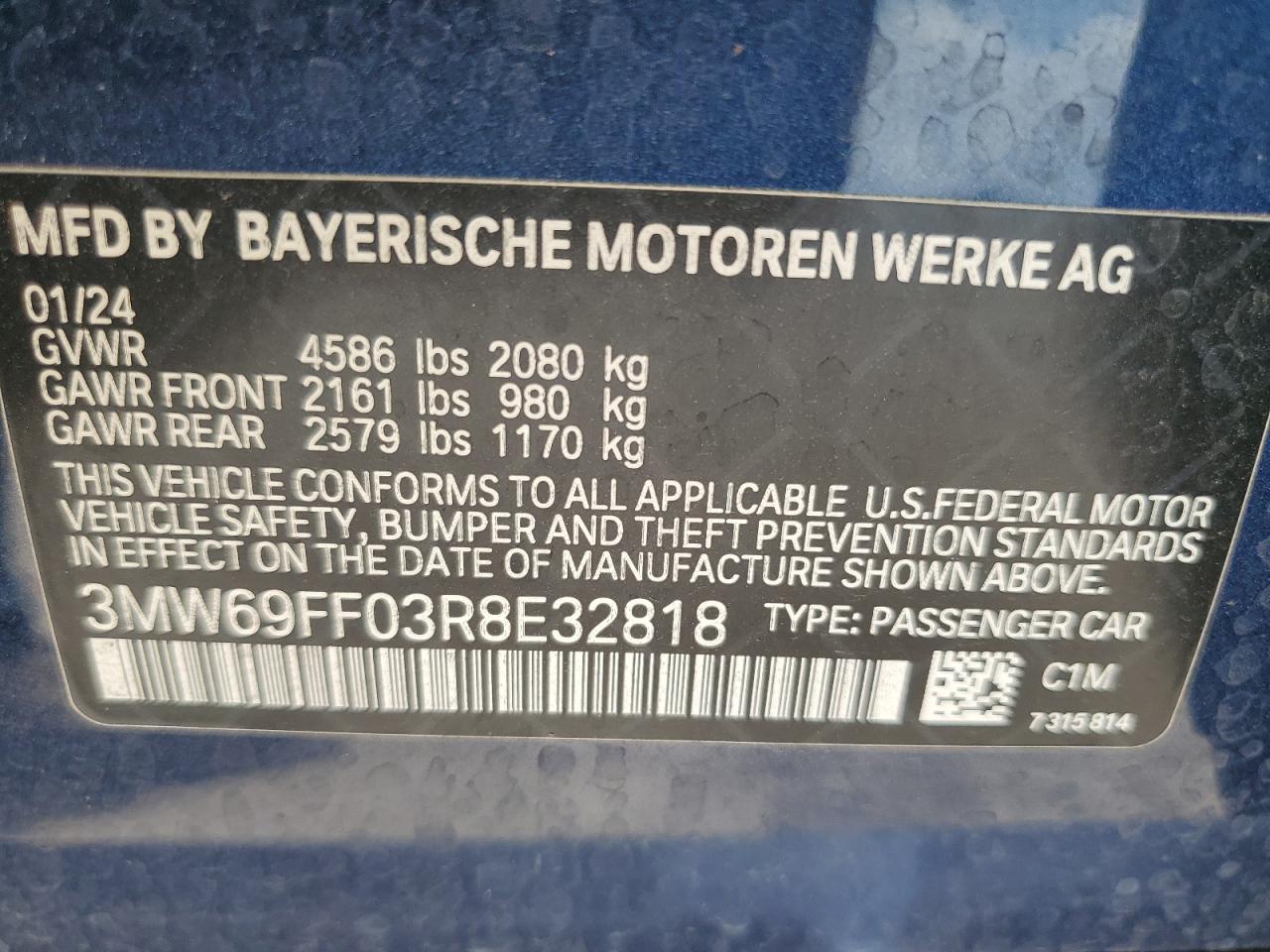 2024 BMW 330I VIN:3MW69FF03R8E32818