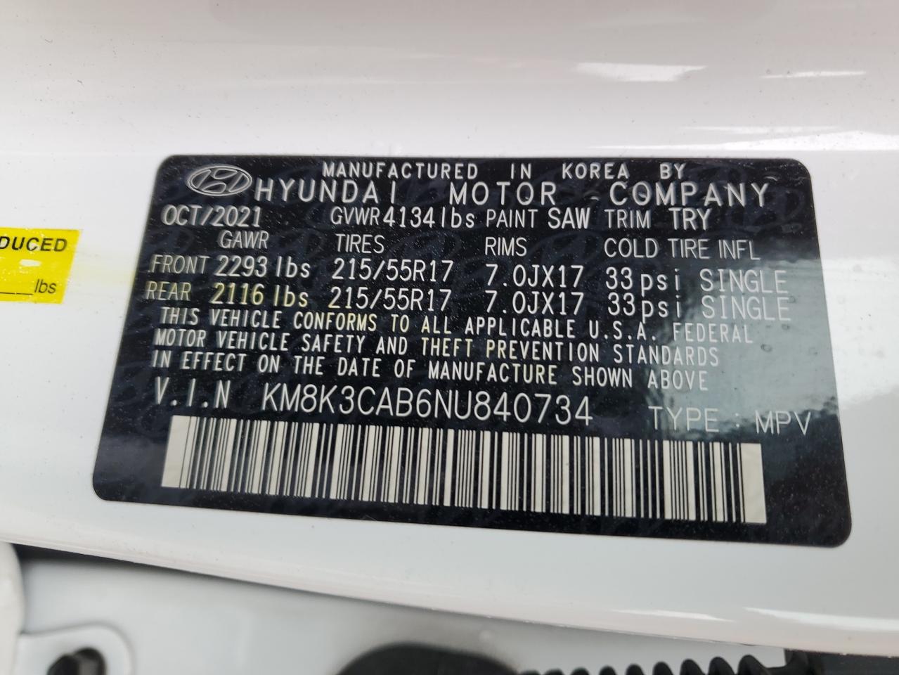 2022 HYUNDAI KONA SEL VIN:KM8K3CAB6NU840734