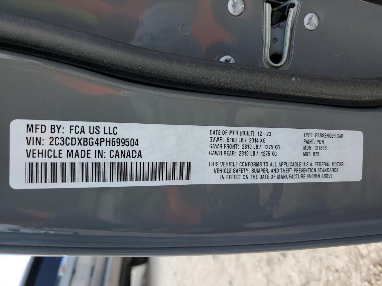 2023 DODGE CHARGER SXT VIN:2C3CDXBG4PH699504