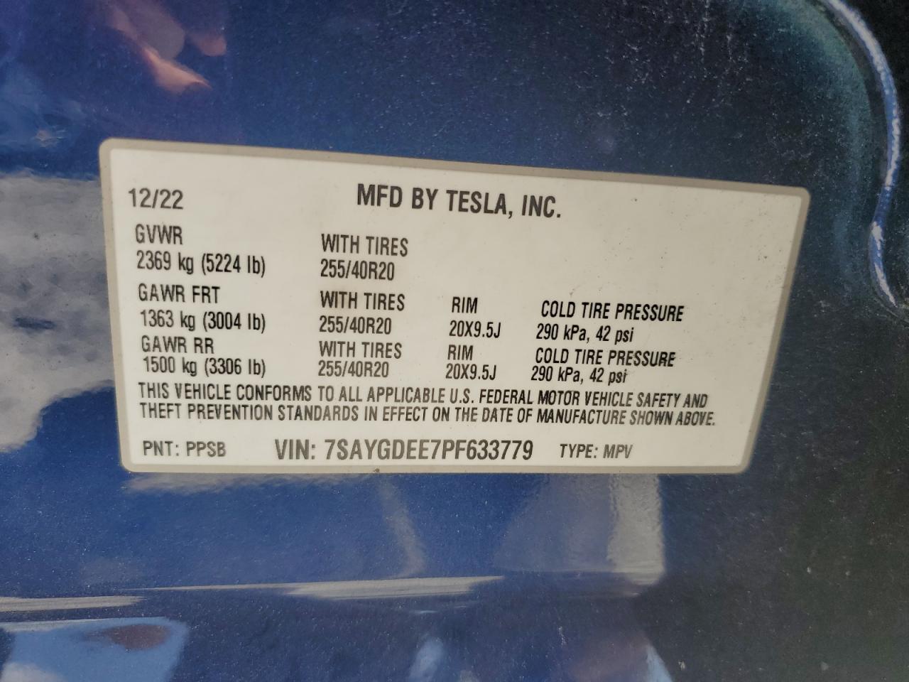 2023 TESLA MODEL Y VIN:7SAYGDEE7PF633779