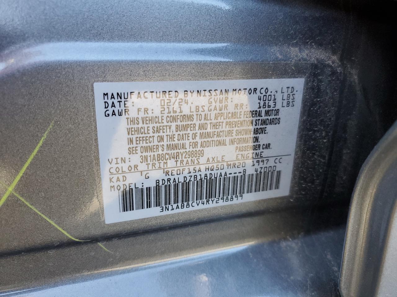 2024 NISSAN SENTRA SV VIN:3N1AB8CV4RY298899