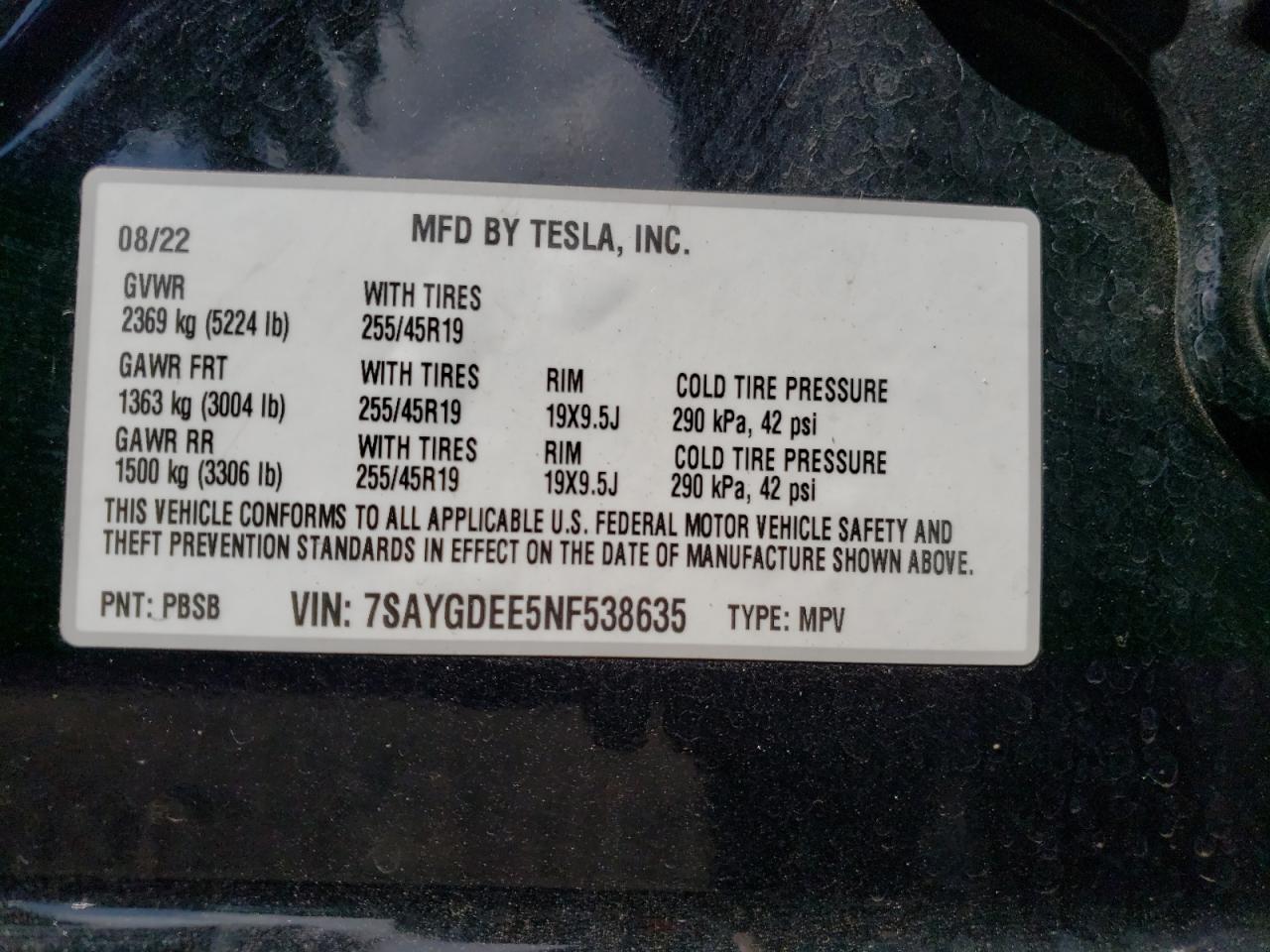 2022 TESLA MODEL Y VIN:7SAYGDEE5NF538635