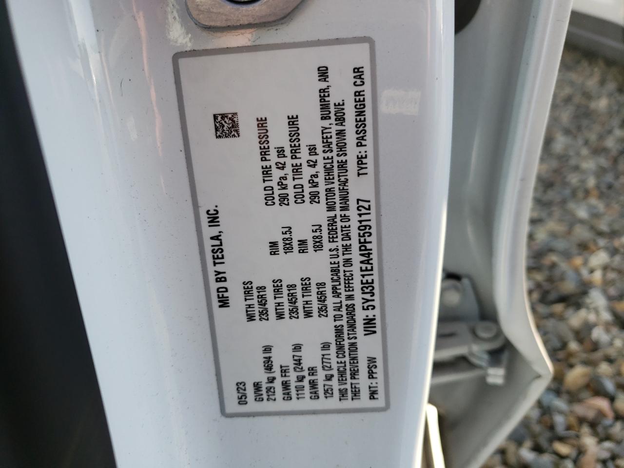 2023 TESLA MODEL 3 VIN:5YJ3E1EA4PF591127