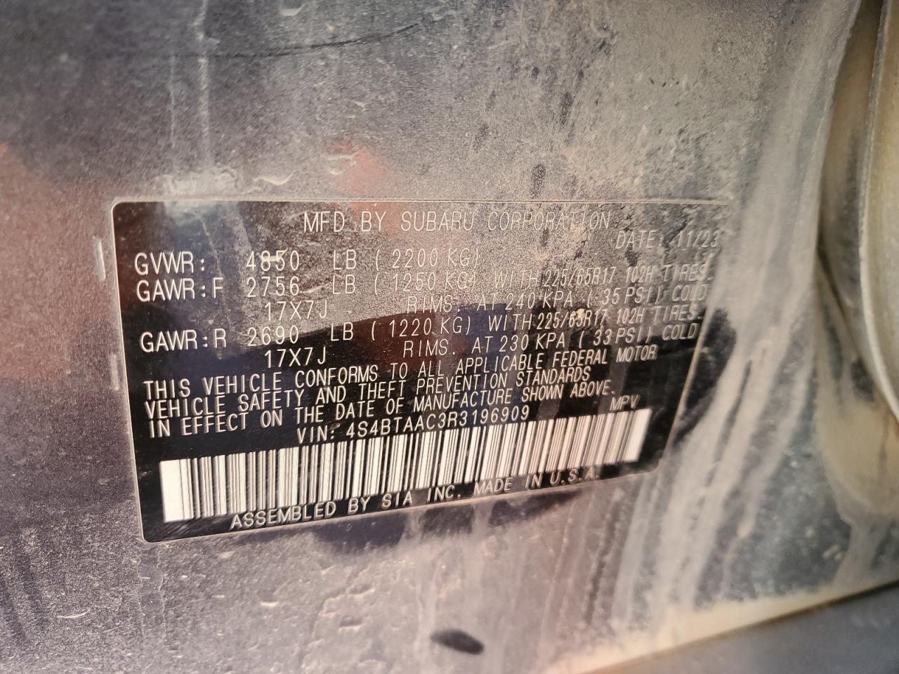 2024 SUBARU OUTBACK VIN:4S4BTAAC3R3196909