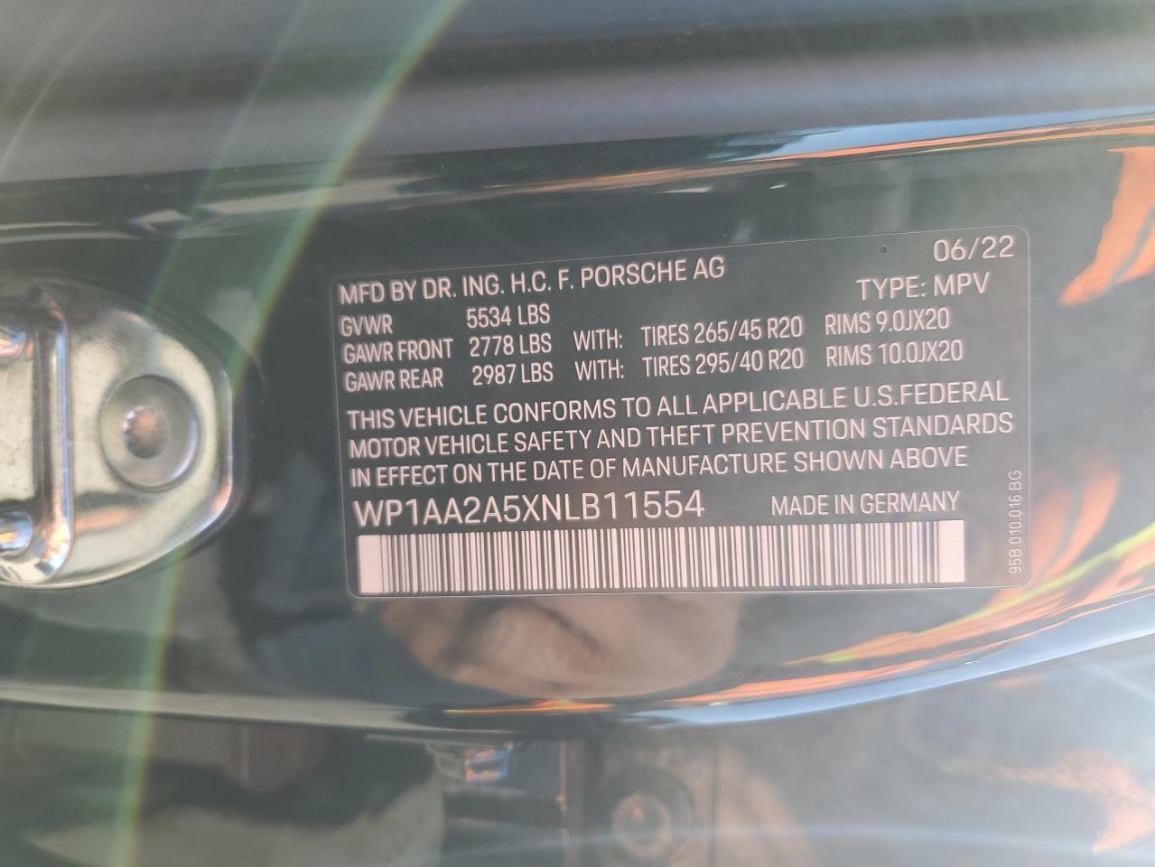 2022 PORSCHE MACAN VIN:WP1AA2A5XNLB11554