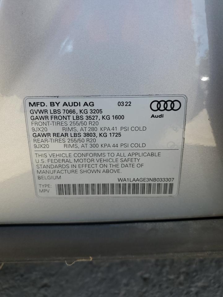 2022 AUDI E-TRON PREMIUM PLUS VIN:WA1LAAGE3NB033307