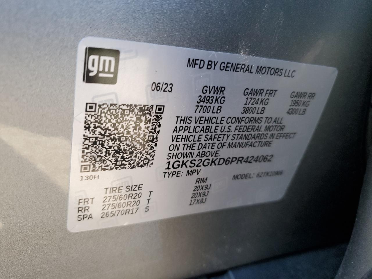 2023 GMC YUKON XL K1500 SLT VIN:1GKS2GKD6PR424062