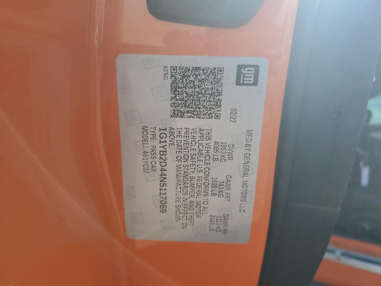 2022 CHEVROLET CORVETTE STINGRAY 2LT VIN:1G1YB2D44N5117069