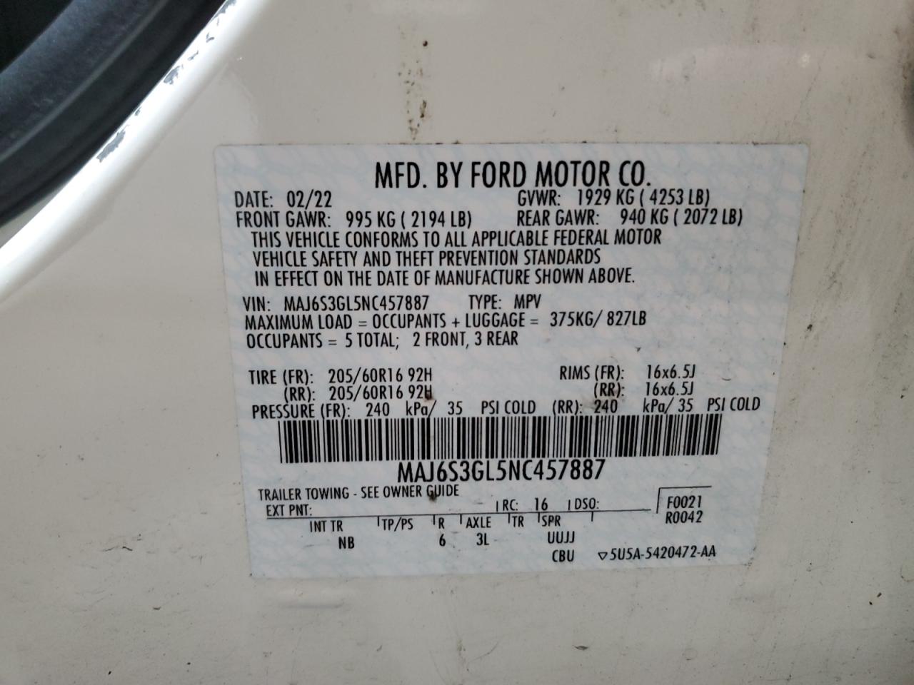 2022 FORD ECOSPORT SE VIN:MAJ6S3GL5NC457887