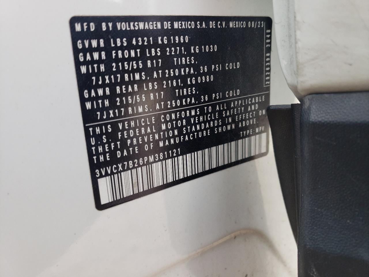 2023 VOLKSWAGEN TAOS S VIN:3VVCX7B26PM381121