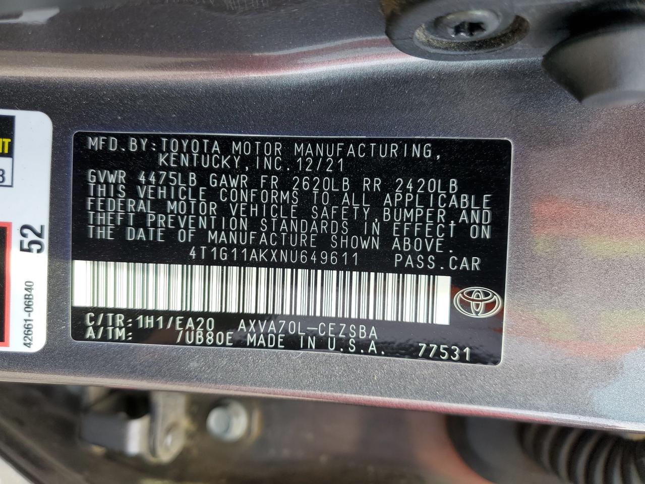 2022 TOYOTA CAMRY SE VIN:4T1G11AKXNU649611