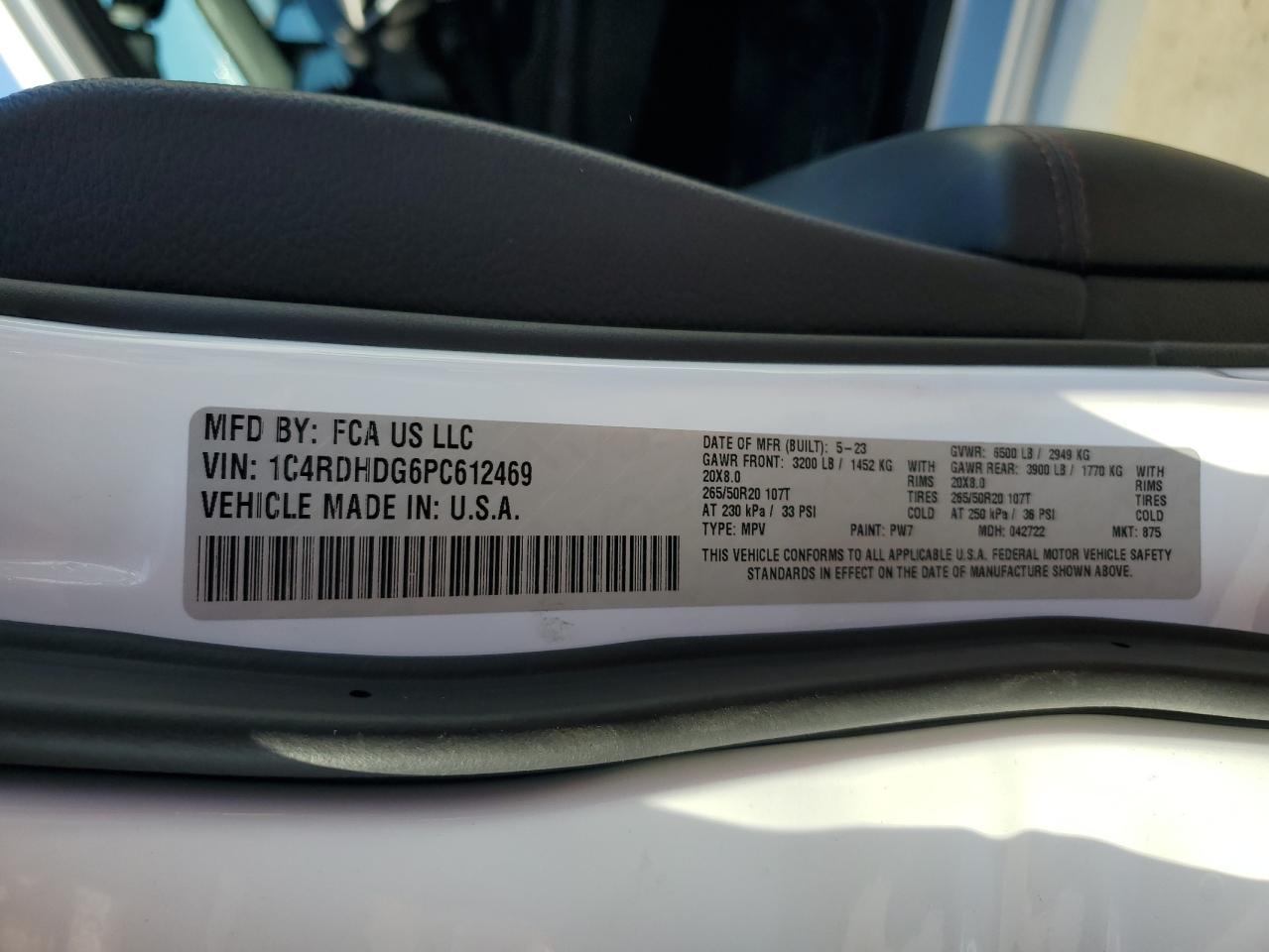 2023 DODGE DURANGO GT VIN:1C4RDHDG6PC612469