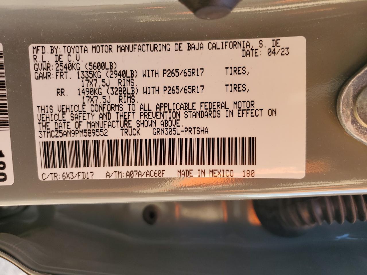 2023 TOYOTA TACOMA DOUBLE CAB VIN:3TMCZ5AN9PM589552