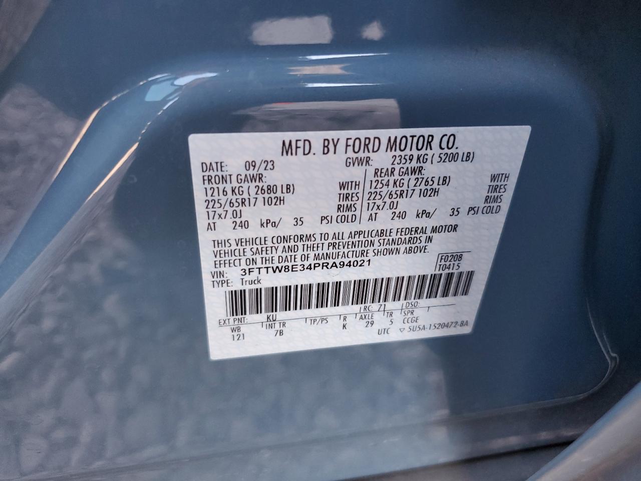 2023 FORD MAVERICK XL VIN:3FTTW8E34PRA94021