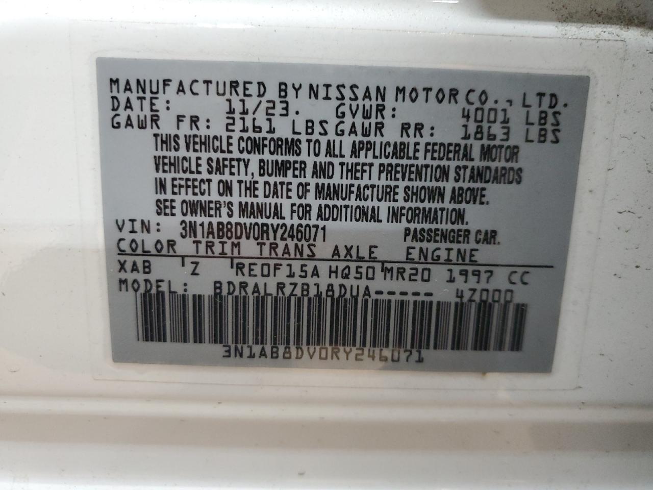 2024 NISSAN SENTRA SR VIN:3N1AB8DV0RY246071