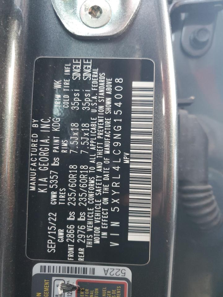 2022 KIA SORENTO S VIN:5XYRL4LC9NG154008