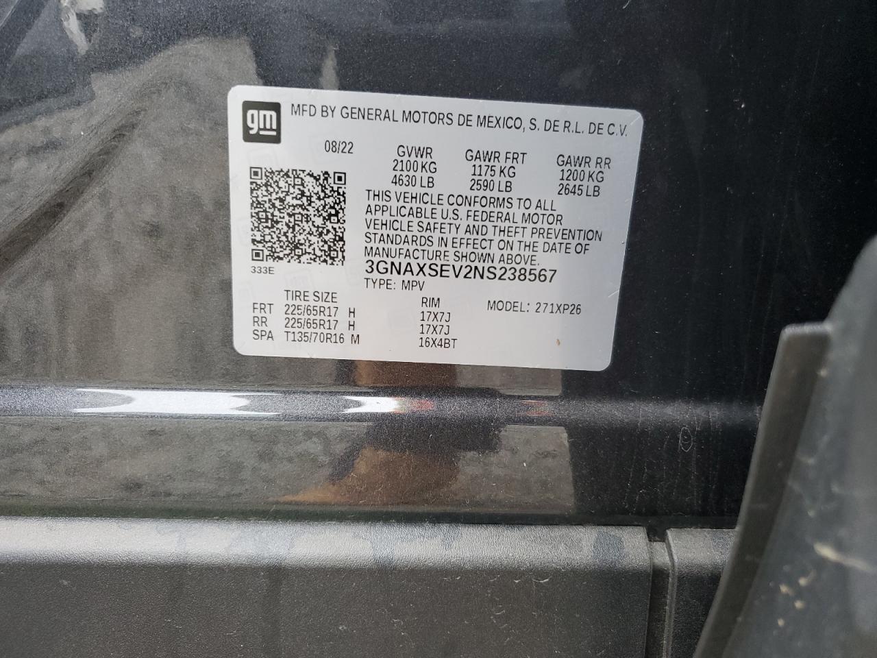 2022 CHEVROLET EQUINOX LS VIN:3GNAXSEV2NS238567