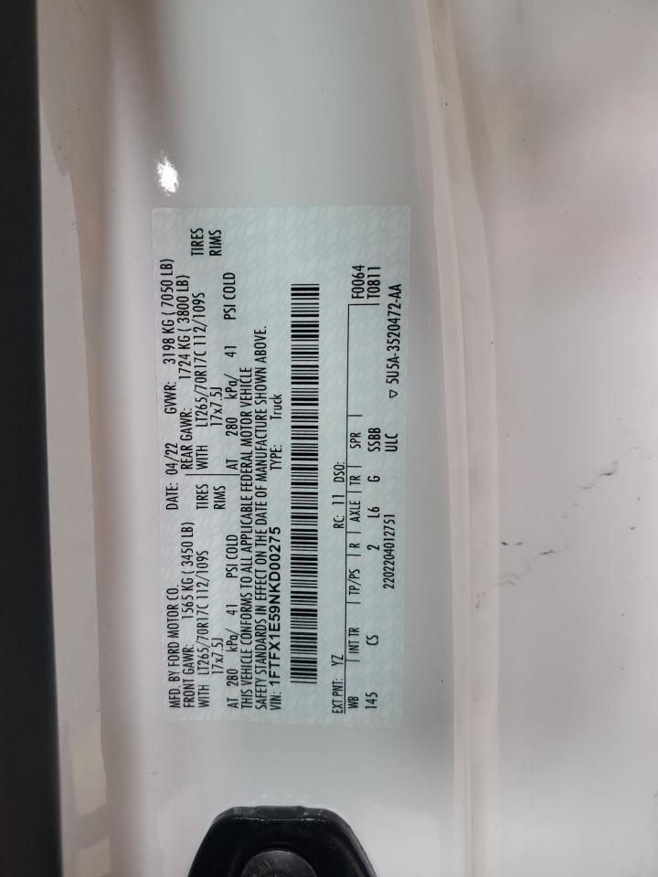 2022 FORD F150 SUPER CAB VIN:1FTFX1E59NKD00275