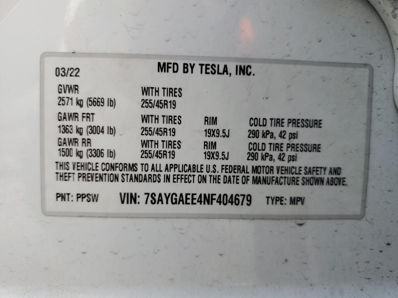 2022 TESLA MODEL Y VIN:7SAYGAEE4NF404679