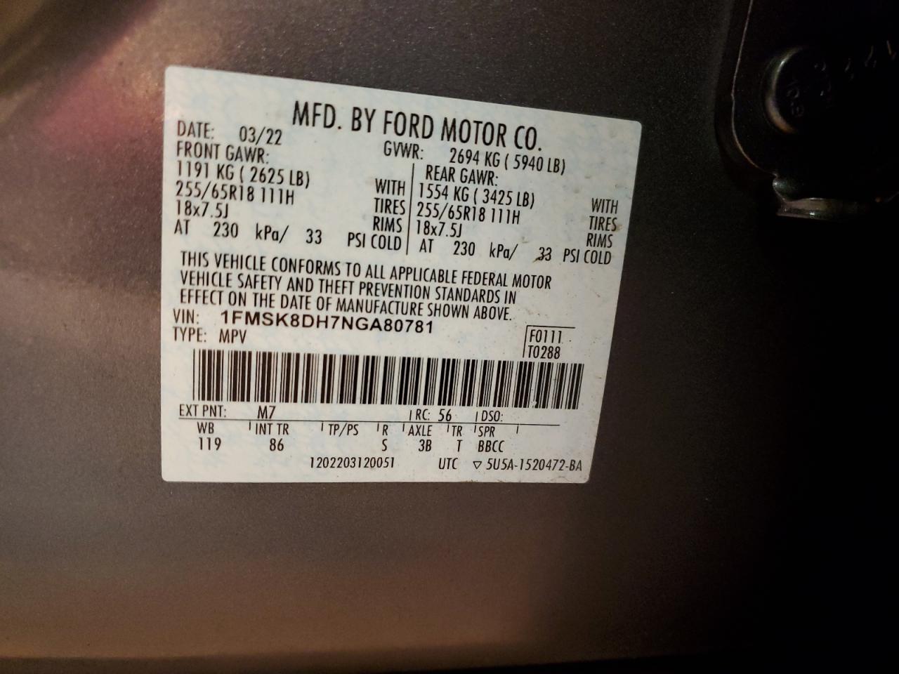 2022 FORD EXPLORER XLT VIN:1FMSK8DH7NGA80781
