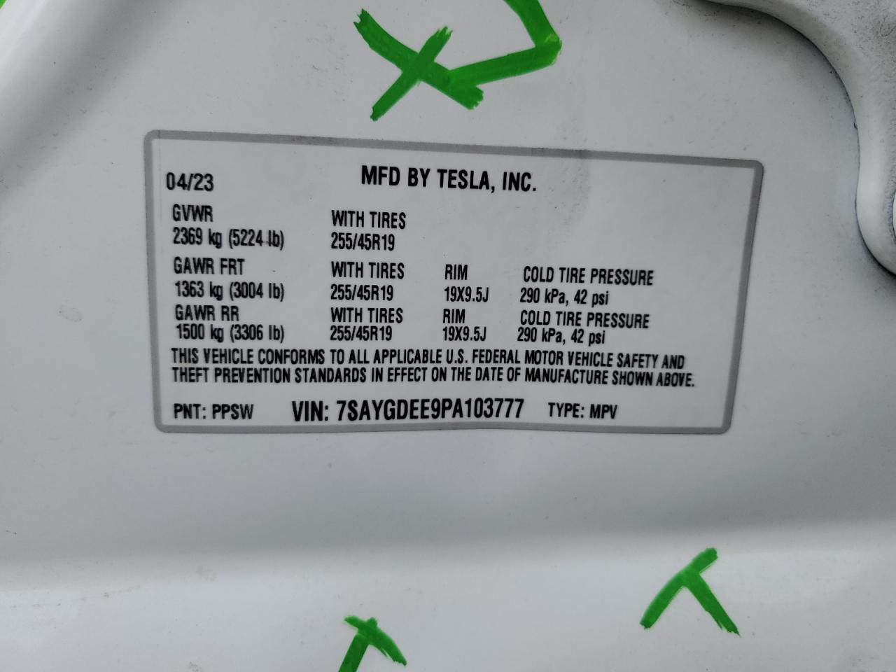 2023 TESLA MODEL Y VIN:7SAYGDEE9PA103777