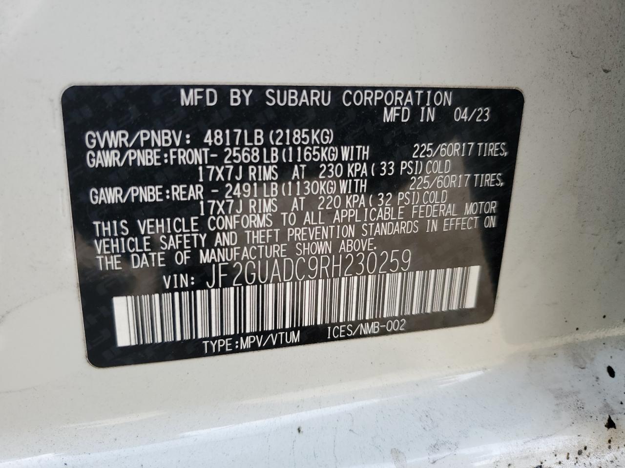 2024 SUBARU CROSSTREK PREMIUM VIN:JF2GUADC9RH230259