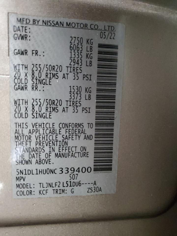 2022 INFINITI QX60 AUTOGRAPH VIN:5N1DL1HU0NC339400