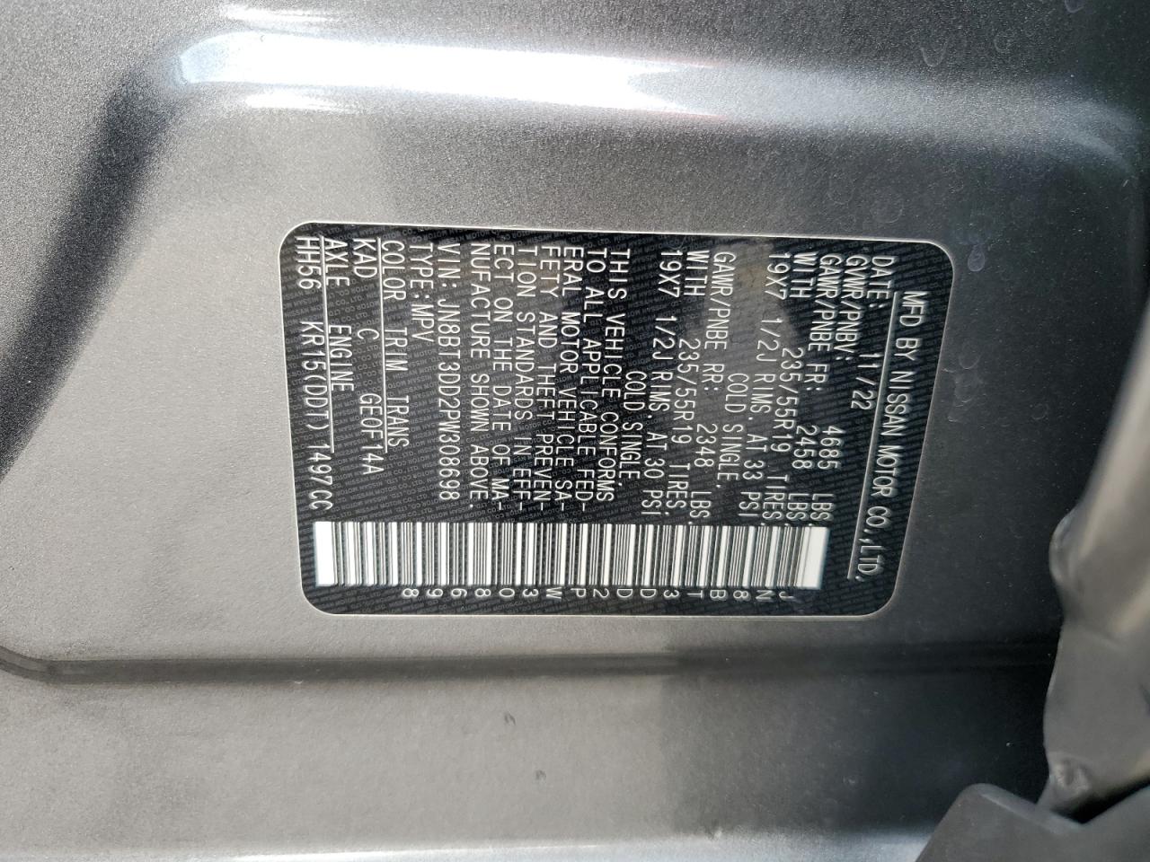 2023 NISSAN ROGUE PLATINUM VIN:JN8BT3DD2PW308698