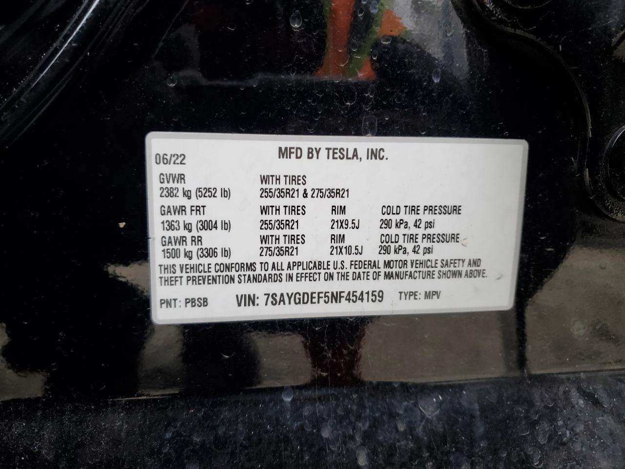 2022 TESLA MODEL Y VIN:7SAYGDEF5NF454159
