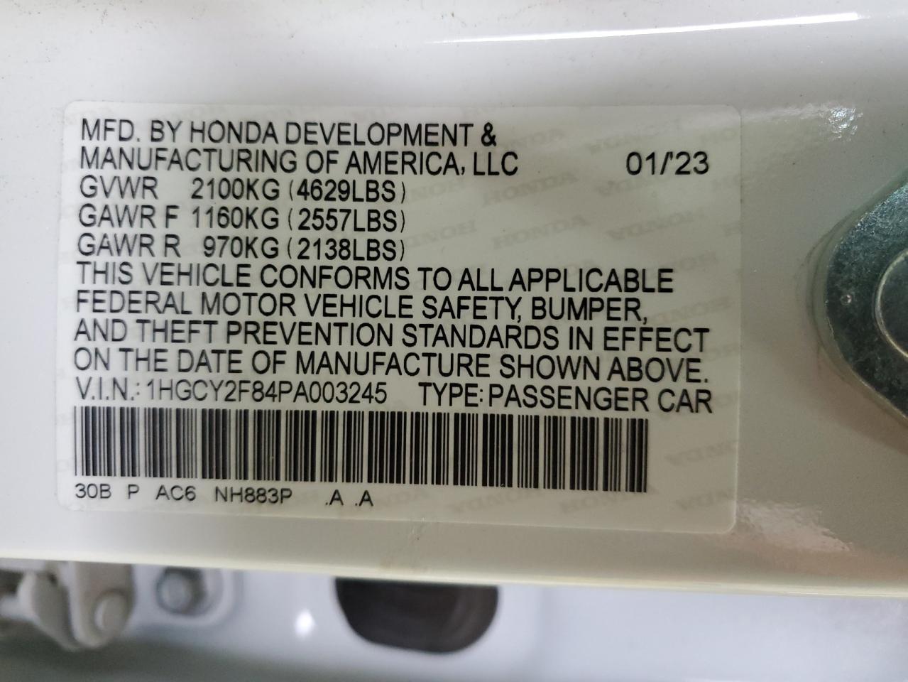 2023 HONDA ACCORD TOURING HYBRID VIN:1HGCY2F84PA003245