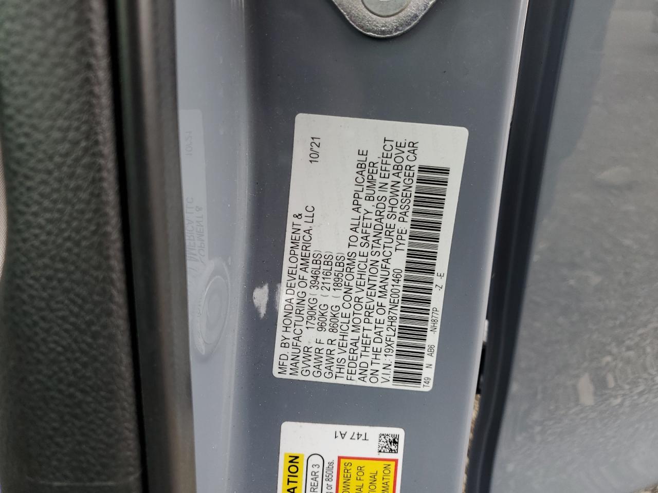 2022 HONDA CIVIC SPORT VIN:19XFL2H87NE001460