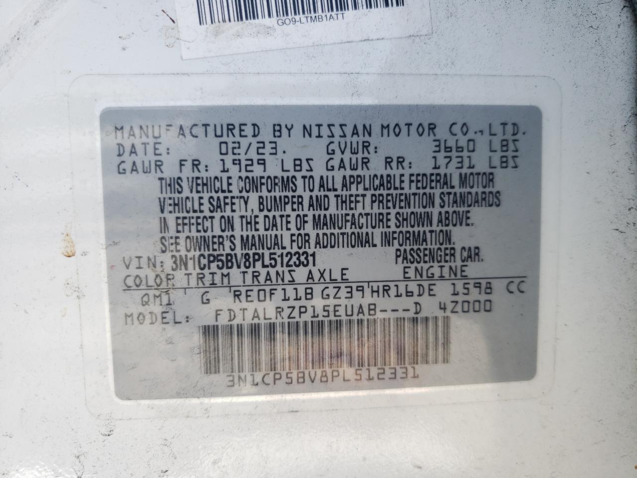 2023 NISSAN KICKS S VIN:3N1CP5BV8PL512331