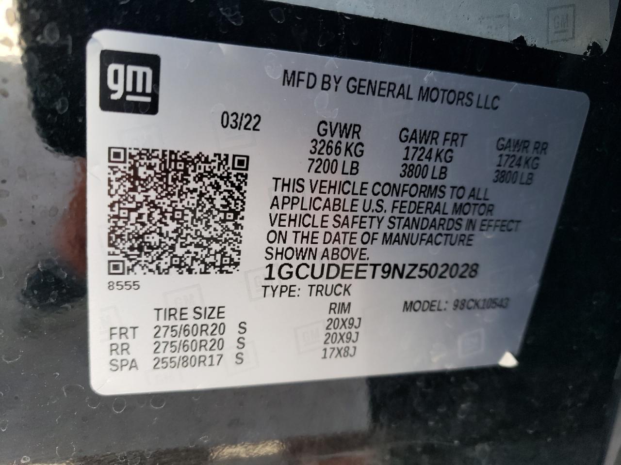 2022 CHEVROLET SILVERADO K1500 RST VIN:1GCUDEET9NZ502028