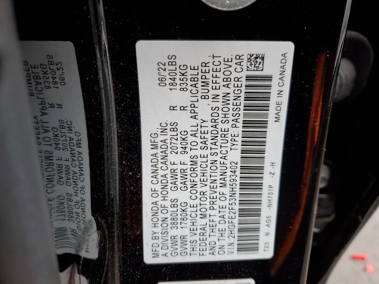 2022 HONDA CIVIC SPORT VIN:2HGFE2F53NH593402