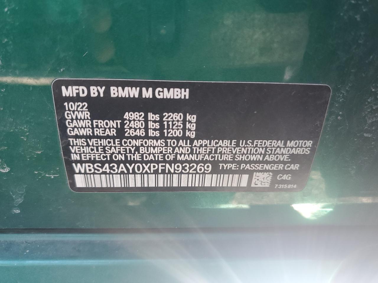 2023 BMW M3 COMPETITION VIN:WBS43AY0XPFN93269