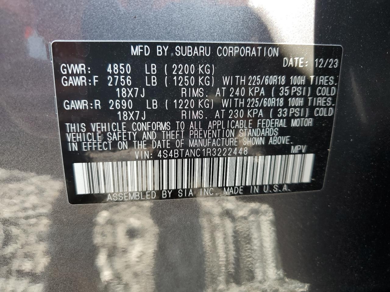 2024 SUBARU OUTBACK LIMITED VIN:4S4BTANC1R3222448