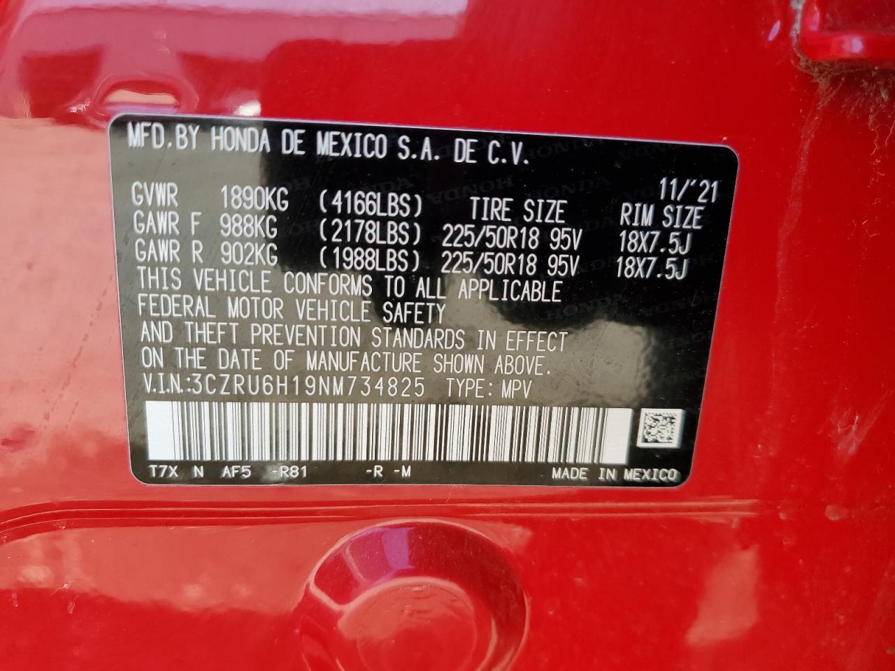 2022 HONDA HR-V SPORT VIN:3CZRU6H19NM734825